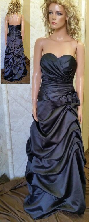 Long black satin bridesmaid dress with pick up skirt